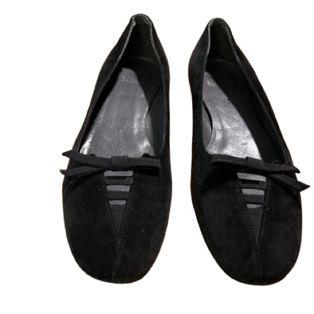Stuart Weitzman Black Suede Ballet Flats With Ribbon and Bow Detail Size 9